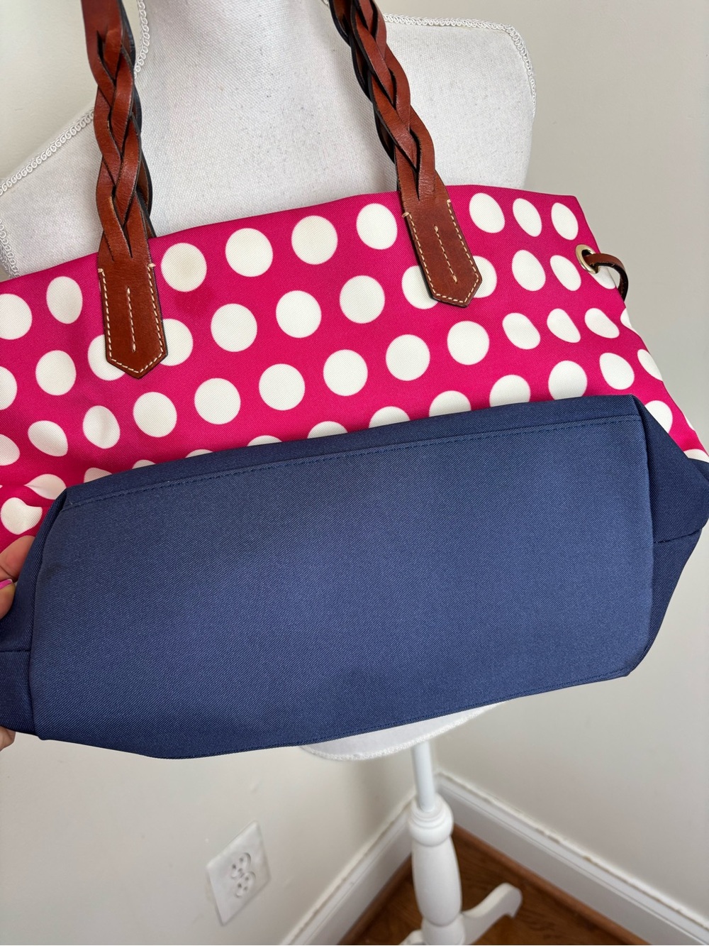 Dooney & Bourke Navy Polka Dot Nylon Tote Bag - Picture 5 of 12